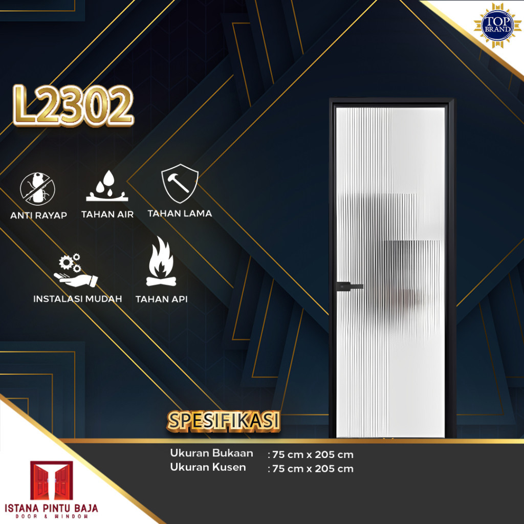 IPB - (L2302) Pintu Kamar Mandi Aluminium 205x75 Full Kaca Anti Pecah Alumunium L2302 Modern Minimalis / Pintu Toilet Almunium Kualitas Import