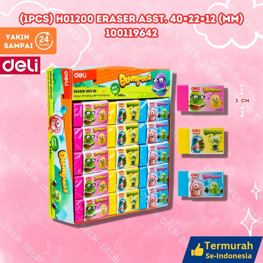 

Penghapus Pensil DELI Bumpess Eraser Warna - EH01200 (1pcs) H01200 Eraser Asst. 40×22×12 (mm)
