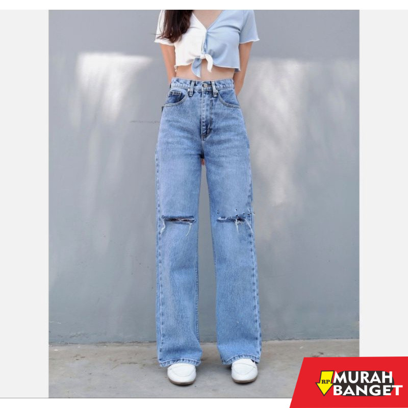 Celana Denim Wanita Terbaru- CELANA HAIGHWAIST KULOT JEANS SOBEK LUTUT//CELANA KULOT JEANS SOBEK WAN