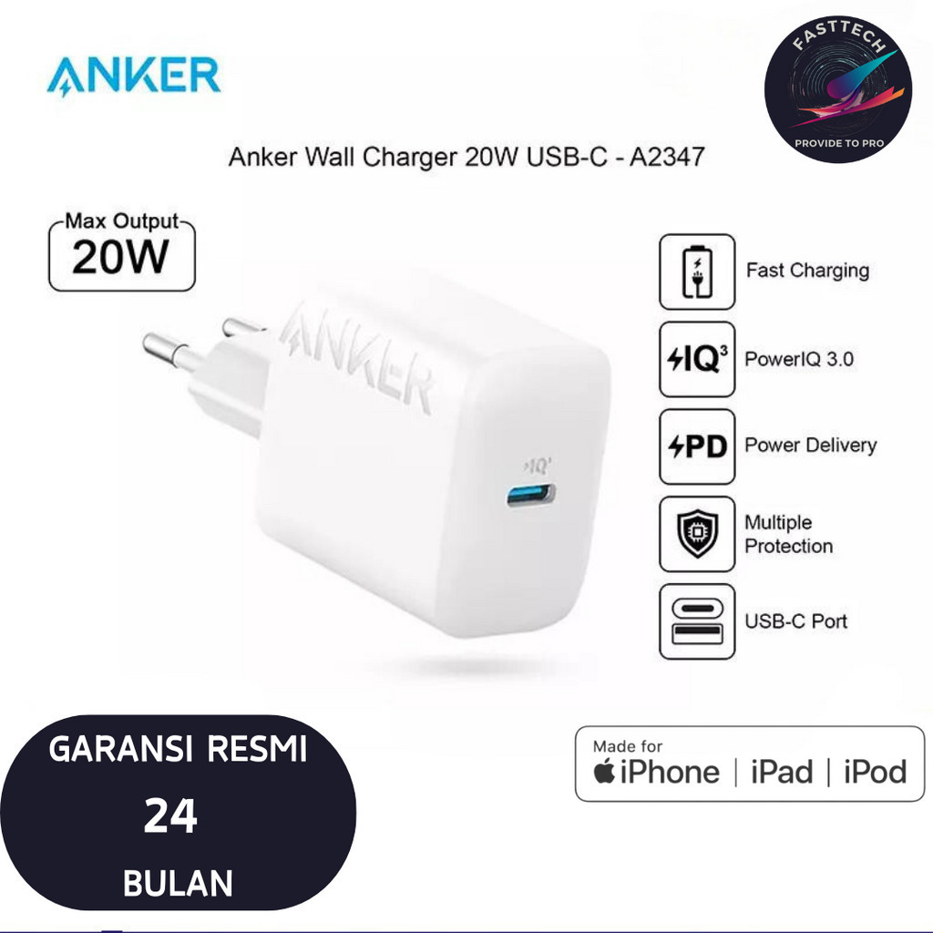 Wall Charger Anker PowerPort 20W + Cable MFI Type C to Lightning iPhone GARANSI RESMI