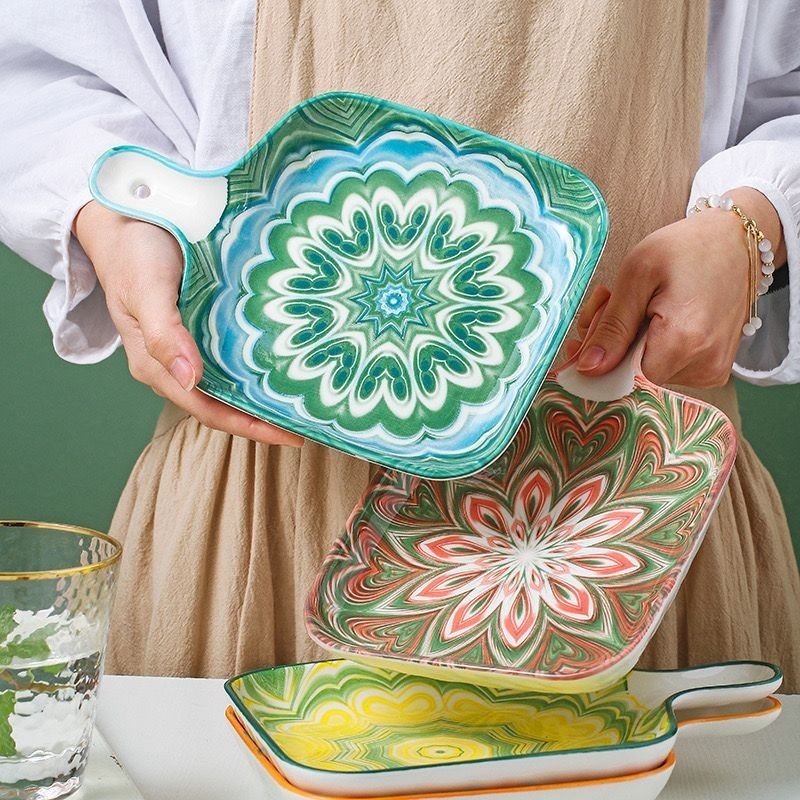 ASHOME Piring Keramik Gagang Motif BOHEMIAN Tahan Panas & Mircrowave Safe / Piring Saji Keramik Gaga