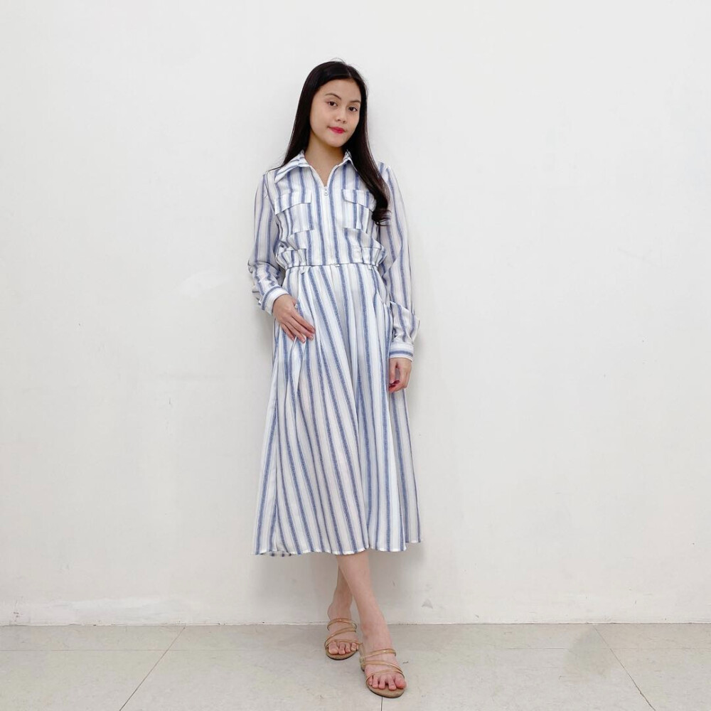 【ready stock】Biru Muda Dress Stripe | Korean Style | Original By Fadfad | For Summer | Baby Blue Mid