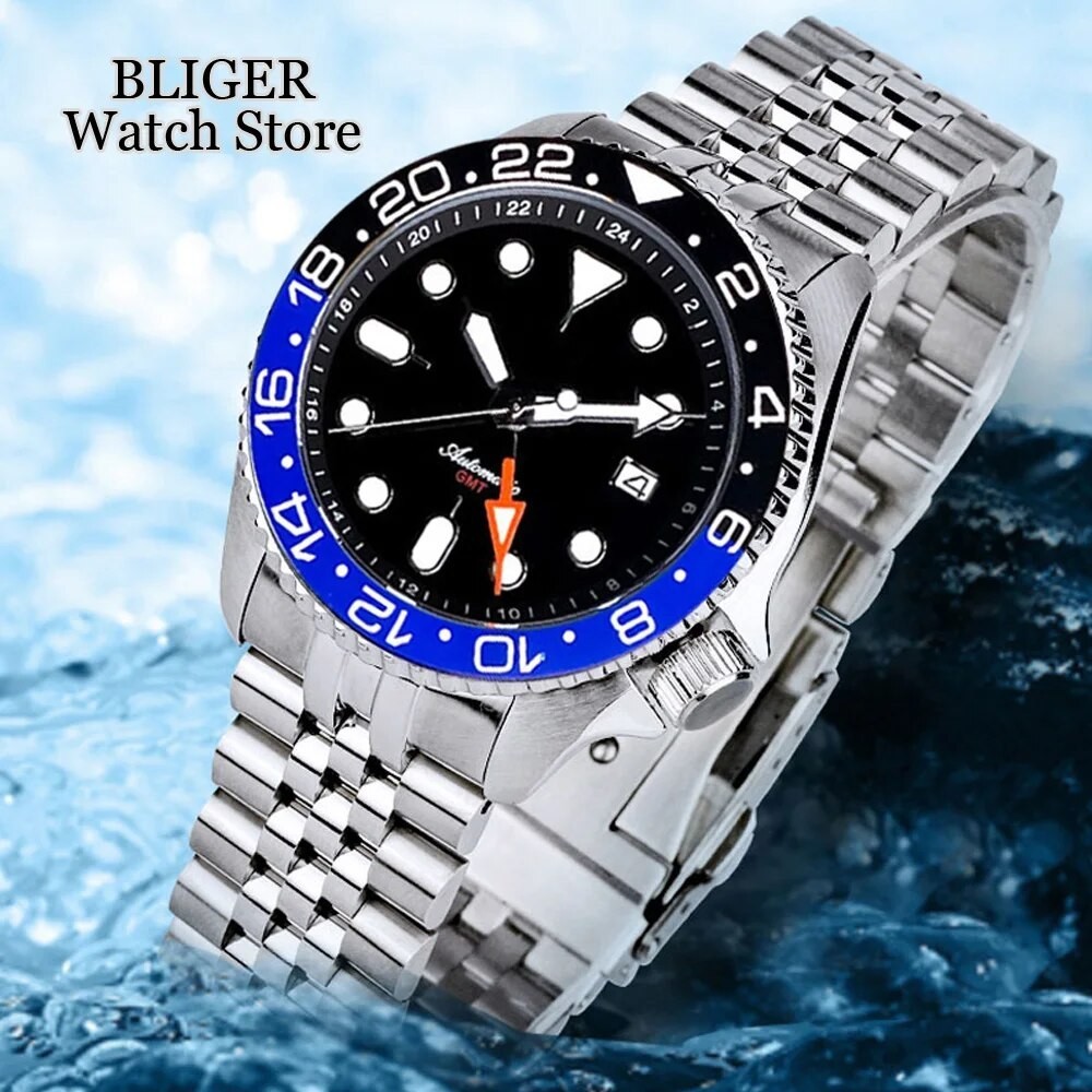 Jam Tangan Pria NH34A 20ATM Diving Tandorio 41mm Black Blue NH34 GMT Automatic Men's Watch 24 Hours 