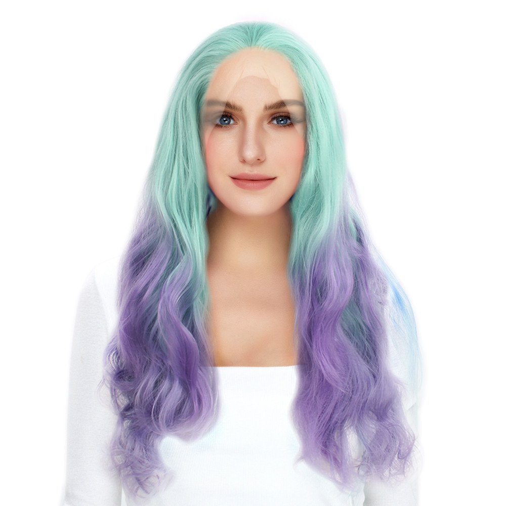 Wig Grosir Pabrik ST Guangzhou untuk Wanita Wig Sintetis Ungu Gradien Hijau Renda Depan Wig Sintetis