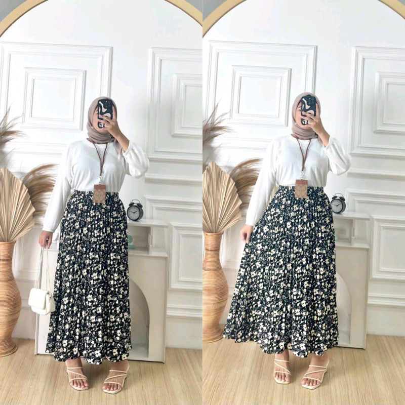 ZEIVOR - ZFS OOTD WANITA INA / ROK PLISKET BUNGA / Outfit Wanita Hijab Best Seller / Rok Maxy Motif 