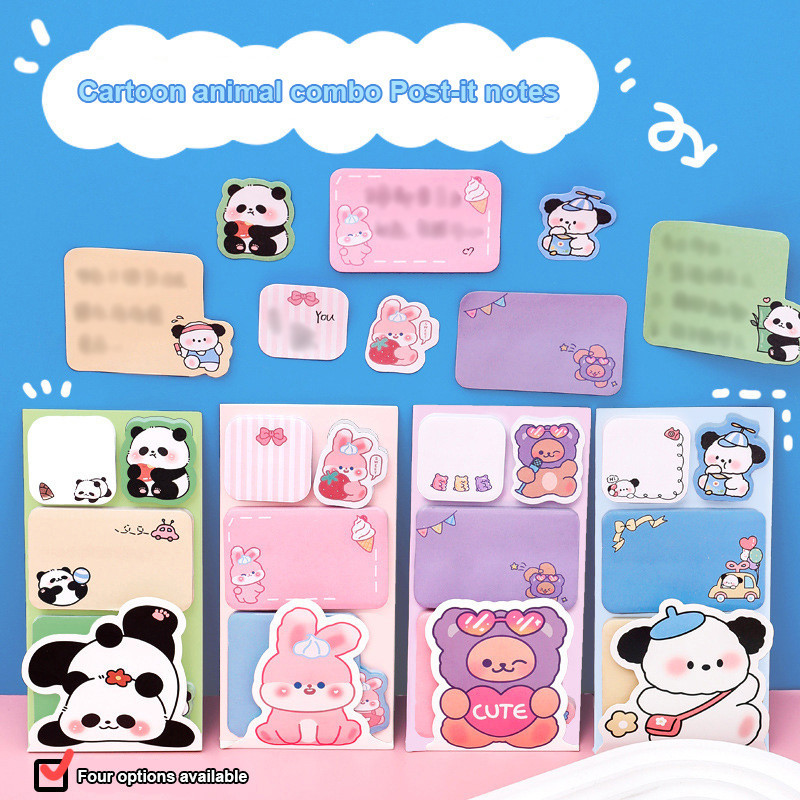 

✨COD 100PCS Catatan Tempel Kartun 4-in-1 Sticky Note Buku stiker Catatan Kombinasi Hewan Kartun Buku Memo Lucu-GS