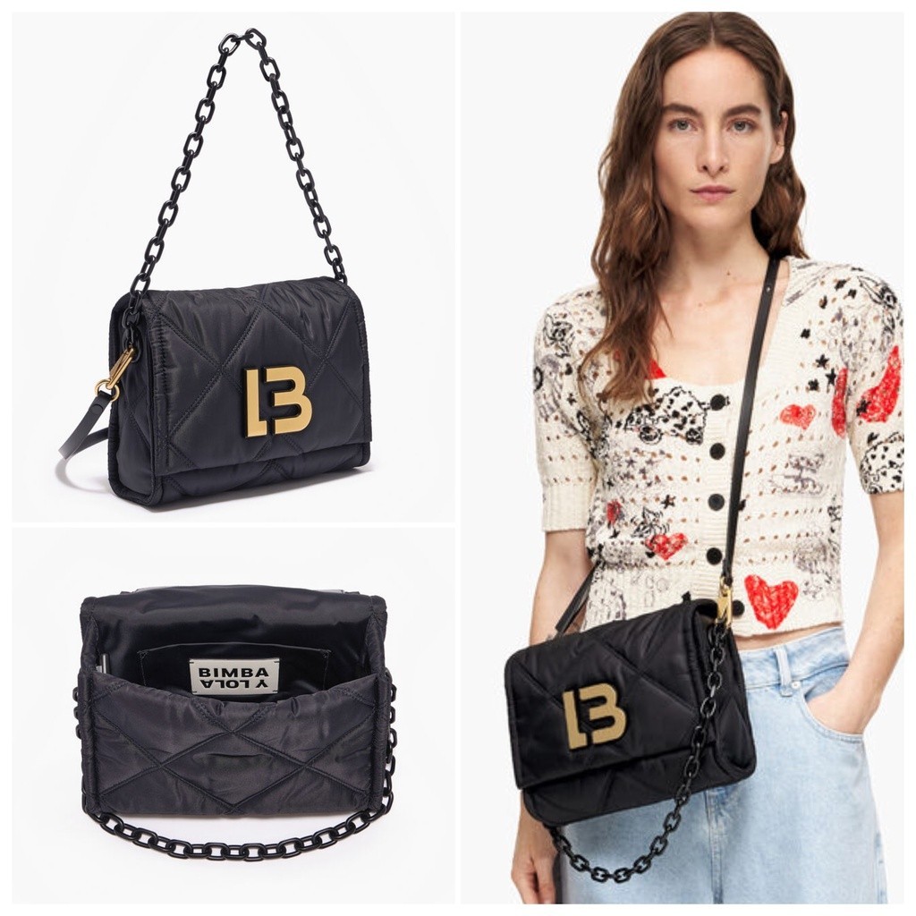 promo spesial Tas BYL Bimba Medium padded nylon crossbody flap black logo gold sz 25x18x10cm