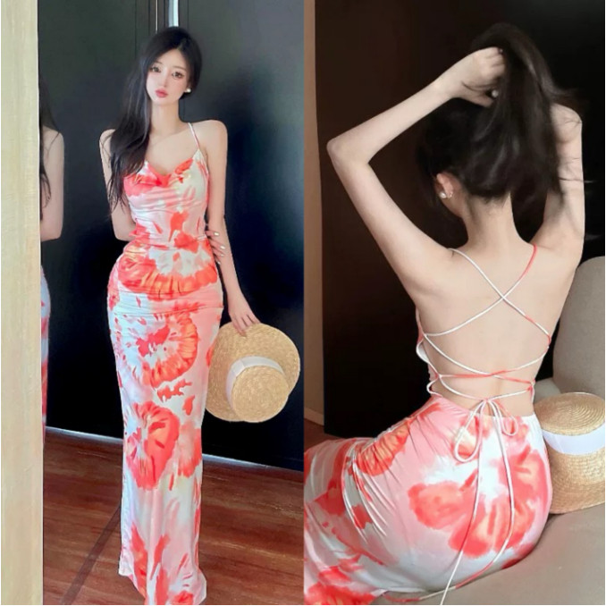 orange floral long dress gaun backless wanita import natal terbaru 2025 import baju  sleeveless dres