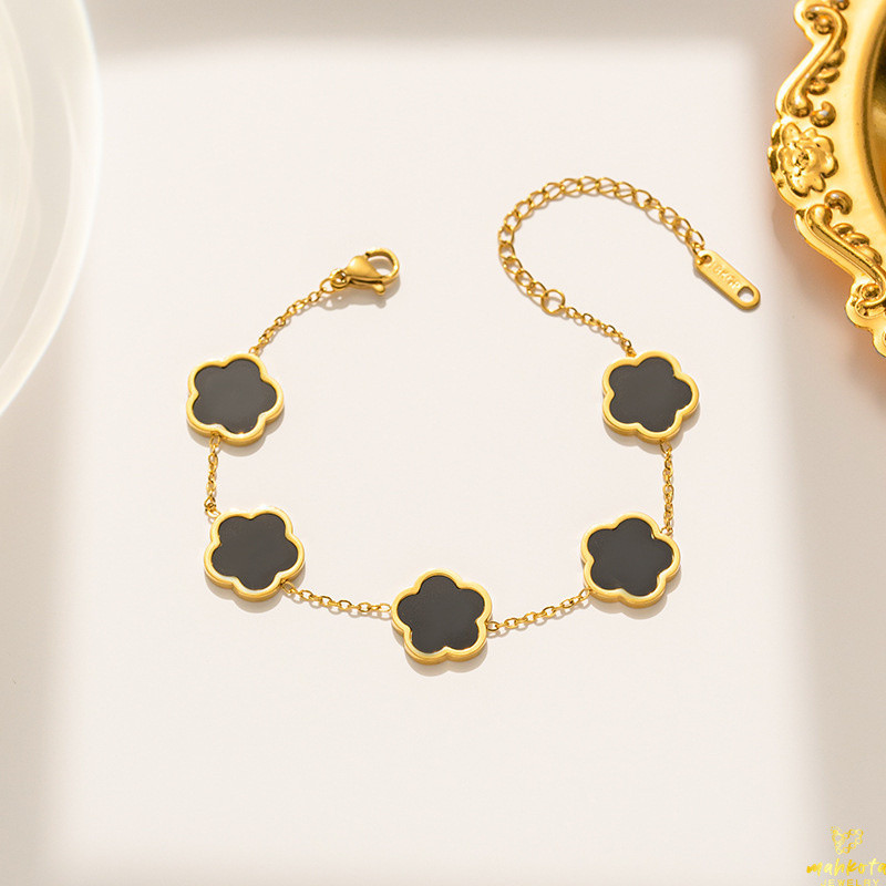 Gelang Tangan Titanium Premium Wanita Bunga Hitam Simple Elegant Lapis Emas 18K