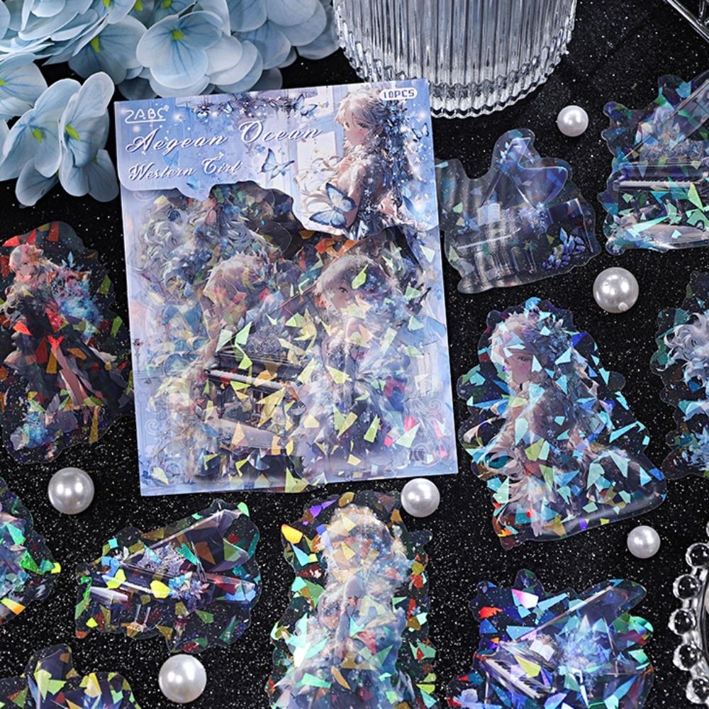 

PET Laser Girl Series Stickers Manual Self Adhesive Piano Girl Graffiti Decals Scrapbooking Cartoon Exquisite Pattern Decals