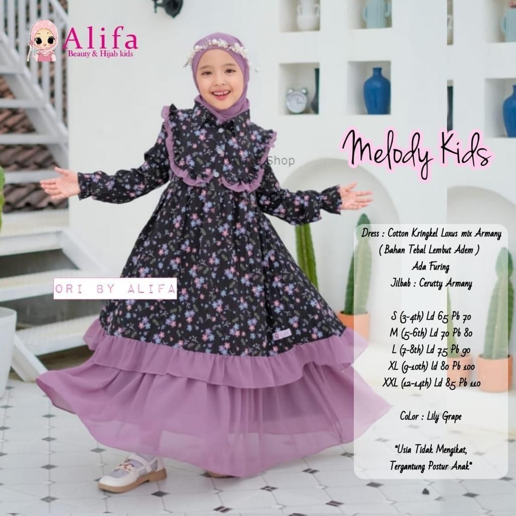 Alifa Melody Dress Kids - Free Hijab Gamis Anak Perempuan 3-14 Tahun Gaya Anggun dan Syar'i untuk Si