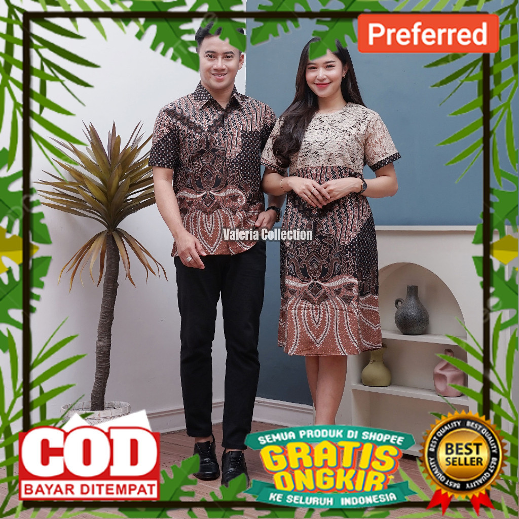 Valeria Collection Baju Batik Couple Dress Brokat Cantik Menawan Lengan Pendek Baju Pasangan Baju Pe