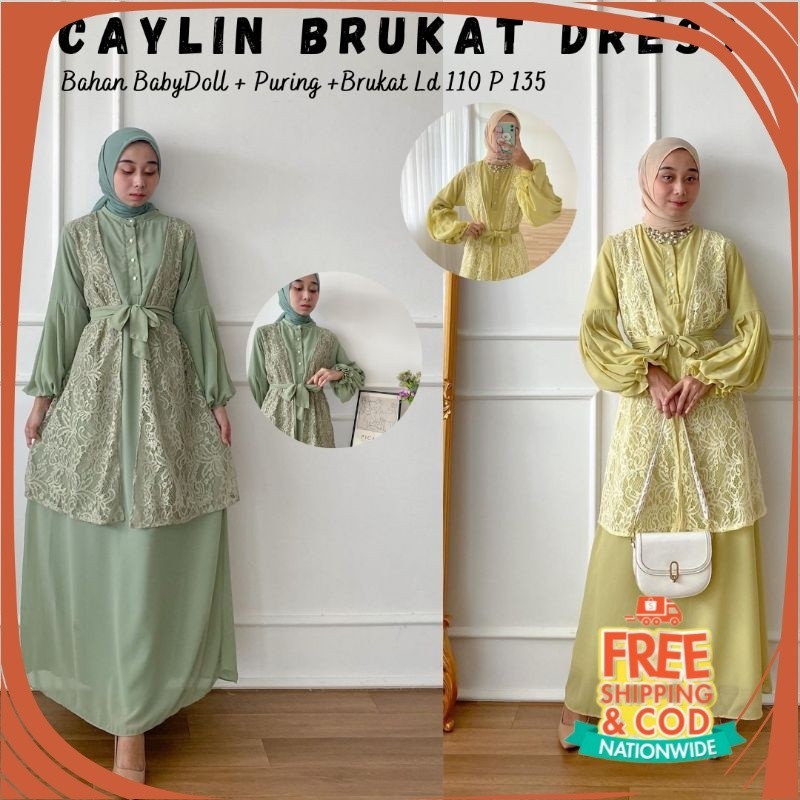 GAMIS LEBARAN IDUL FITRI/ CAYLIN BRUKAT DRESS / DRESS BRUKAT / DRESS TERBARU / DRESS PESTA HIJAU SAG