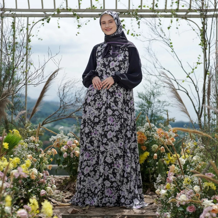 Terlaris ~Dress Muslim Mandjha Ivan Gunawan - Spring Romance Blck | Gamis Wanita - S
