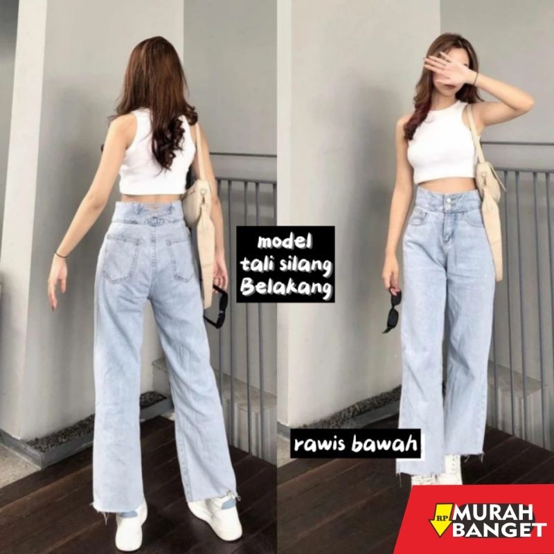 Celana Denim Wanita Terbaru- Celana Highwaist Kulot Loose Jeans Wanita 2 Kancing Mode Tali Silang ra