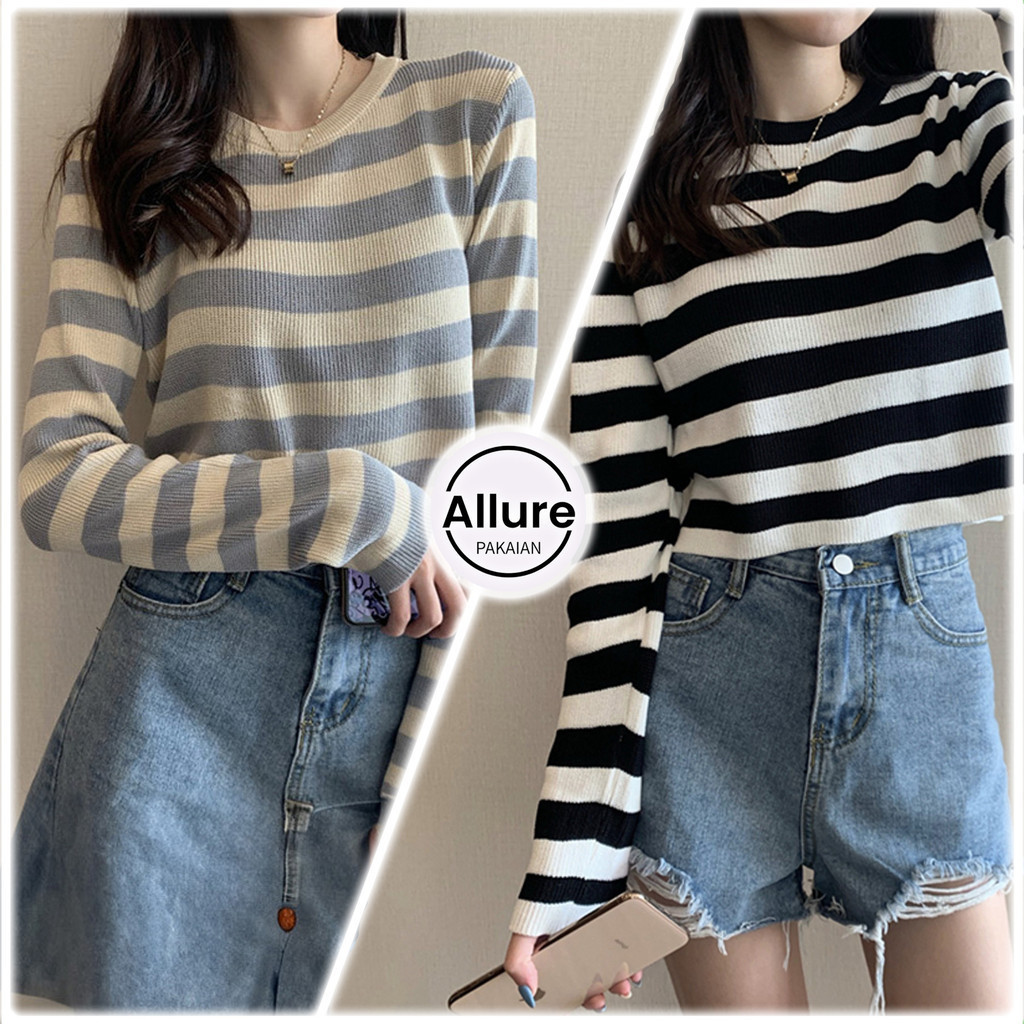 ALLURE PAKAIAN Sweater Garis-Garis Rajut Leher Bulat Crop Top