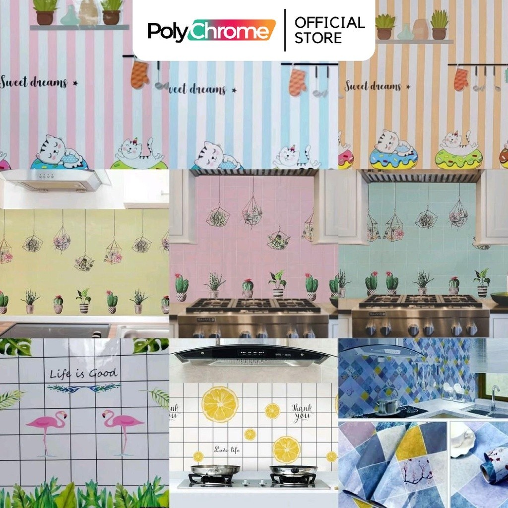 [10 Motif] Wallpaper Glossy Stiker Alumunium Foil Dinding Anti Minyak Panas 5 meter Garis Biru Pink 