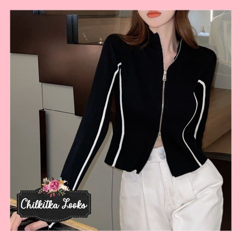 CHILKITKA LOOKS SELEBGRAM OUTFIT Jaket Vintage Zipper Knit Import Premium WBH | Atasan Wanita Monoch