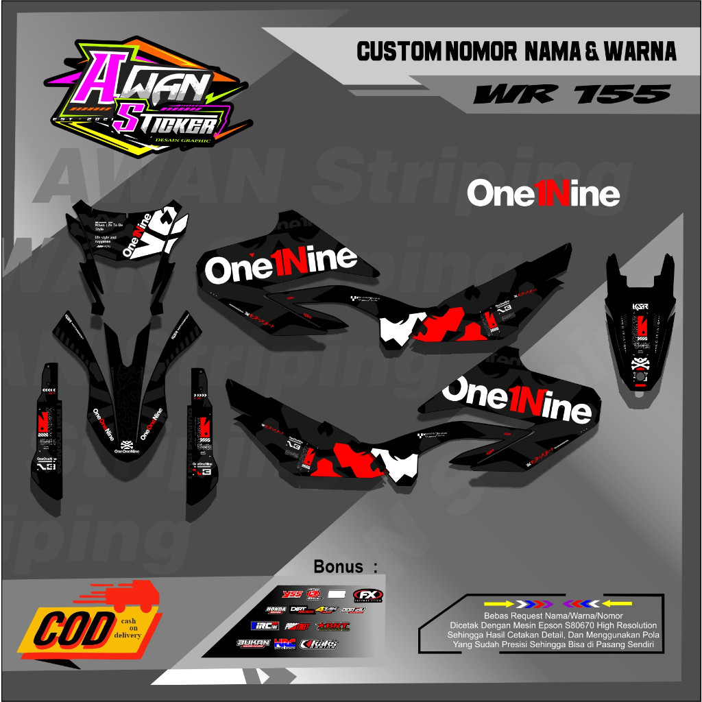DECAL WR 155 SUPERMOTO FULL BODY HITAM SUPER GLOSSY DOFF DESAIN ONEONENINE / KSR CRF KLX DTRACKER WR