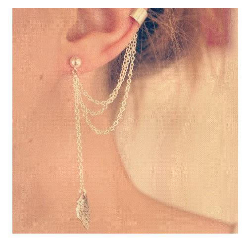 Anting Daun rumbai klip telinga kepribadian tunggal 1 pcs anting jepit tanpa tindik warna emas silve