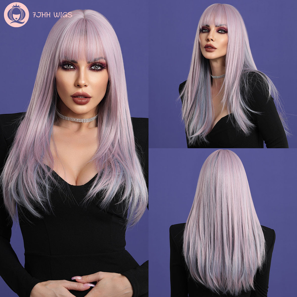 Wig Highlight dengan Poni Panjang Lurus Berlapis Lavender Ungu Wig untuk Wanita Ungu Ombre Wig Sinte