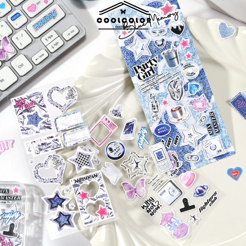 

COD❤️Stiker Seri Denim Gaya Retro Stiker Kolase Kreatif Dekorasi DIY Buku Besar Tangan Anak-anak-cl