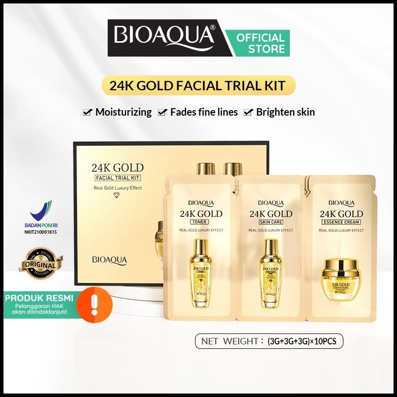 (Paket) BIOAQUA 24K Gold Facial Trial Kit 3gr x 10 pcs - BPOM Original 100%
