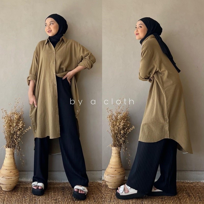Ganac tunik kemeja oversize linen wanita - linen crinkle shirt - atasan wanita lengan panjang - over