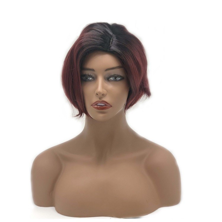 Wig rambut sintetis ombre merah hitam bergelombang belahan sisi pendek