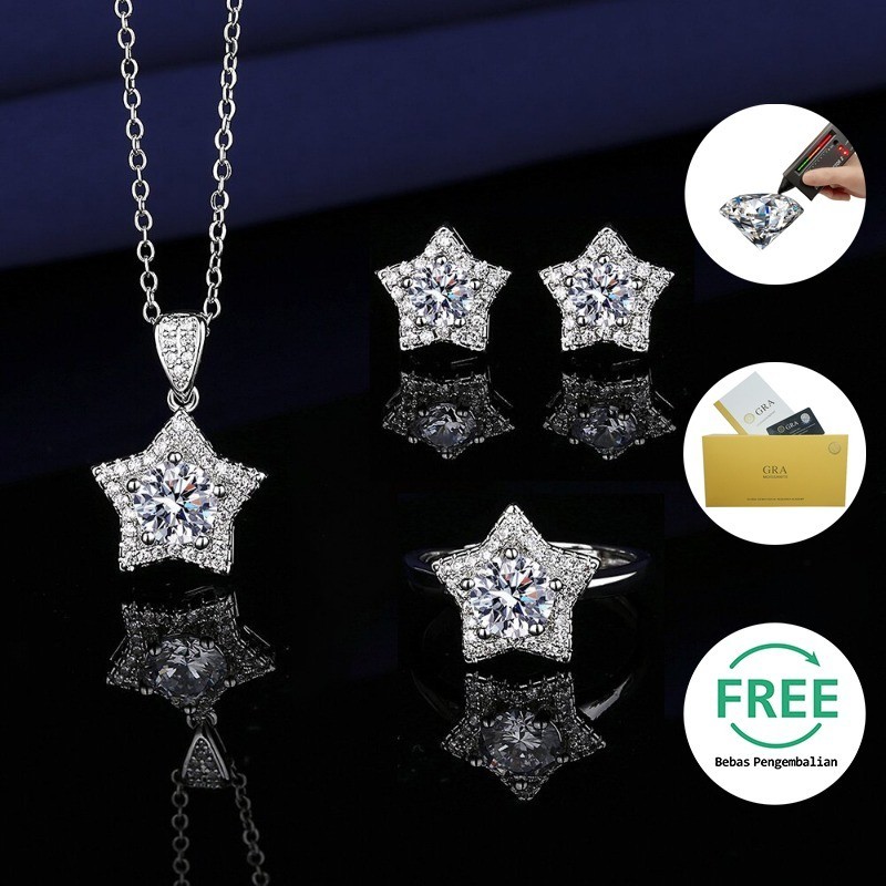 HuiEn Set Ornamen Perak Moissanite Wanita, Cincin Kancing Telinga Kalung Aksesoris Perhiasan 925 Sto