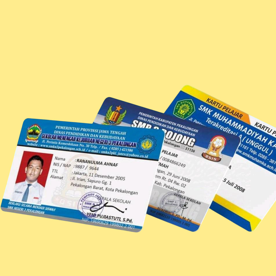 

cetak id card, kartu pelajar, kartu mahasiswa, kartu santri, NISN, kartu anggota, komunitas, bahan PVC