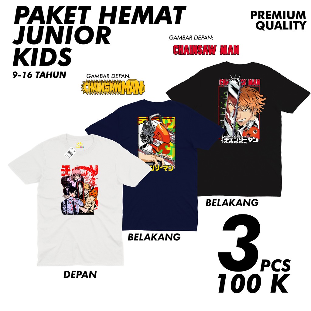 Paket hemat isi 3 pcs 100rb kaos junior tanggung remaja chainsawman branded fashion anak streetwear 