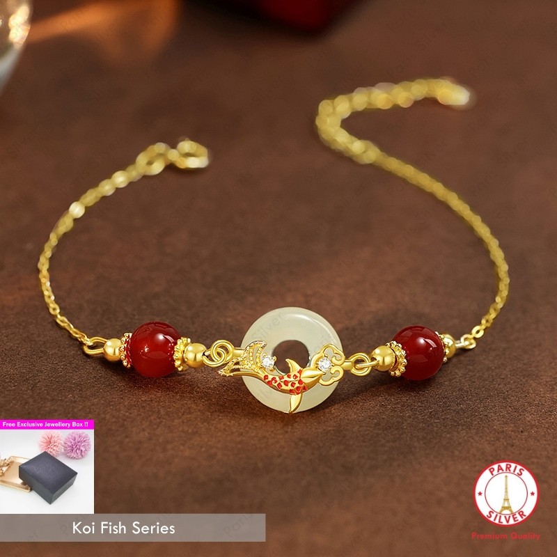 Gelang dan Kalung Batu Giok Ikan Koi Perak Asli Silver 925 Lapis Emas Kuning 18K Wanita