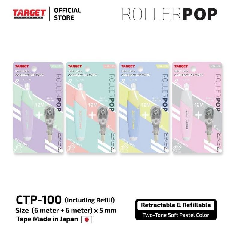 

CORRECTION TAPE CTP - 100 ROLLER POP Two Tone Soft Pastel color + Refill 6 mtr