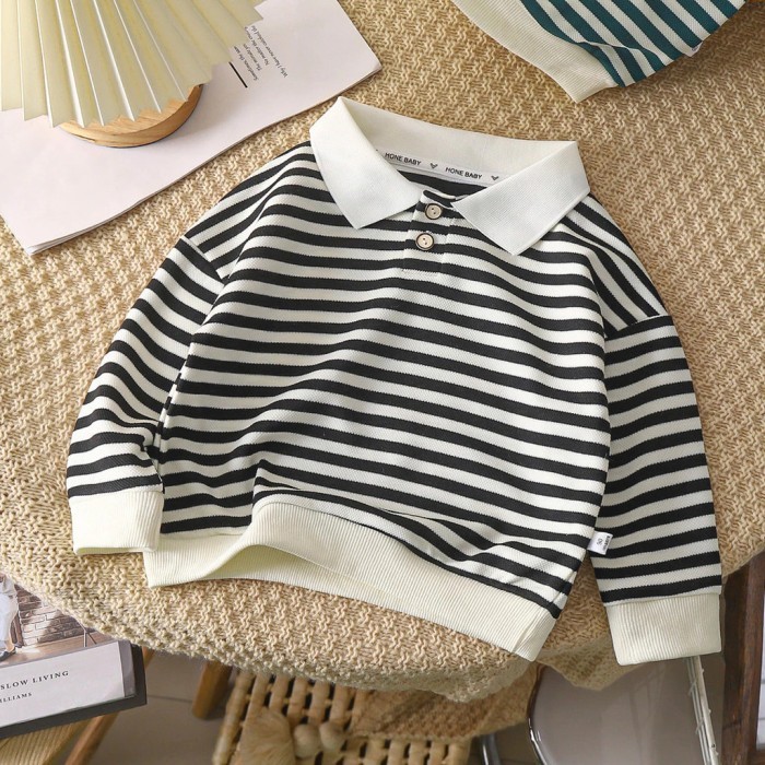Sweater Anak Laki Laki – Motif Stripe, Kerah Kancing, Nyaman Dipakai