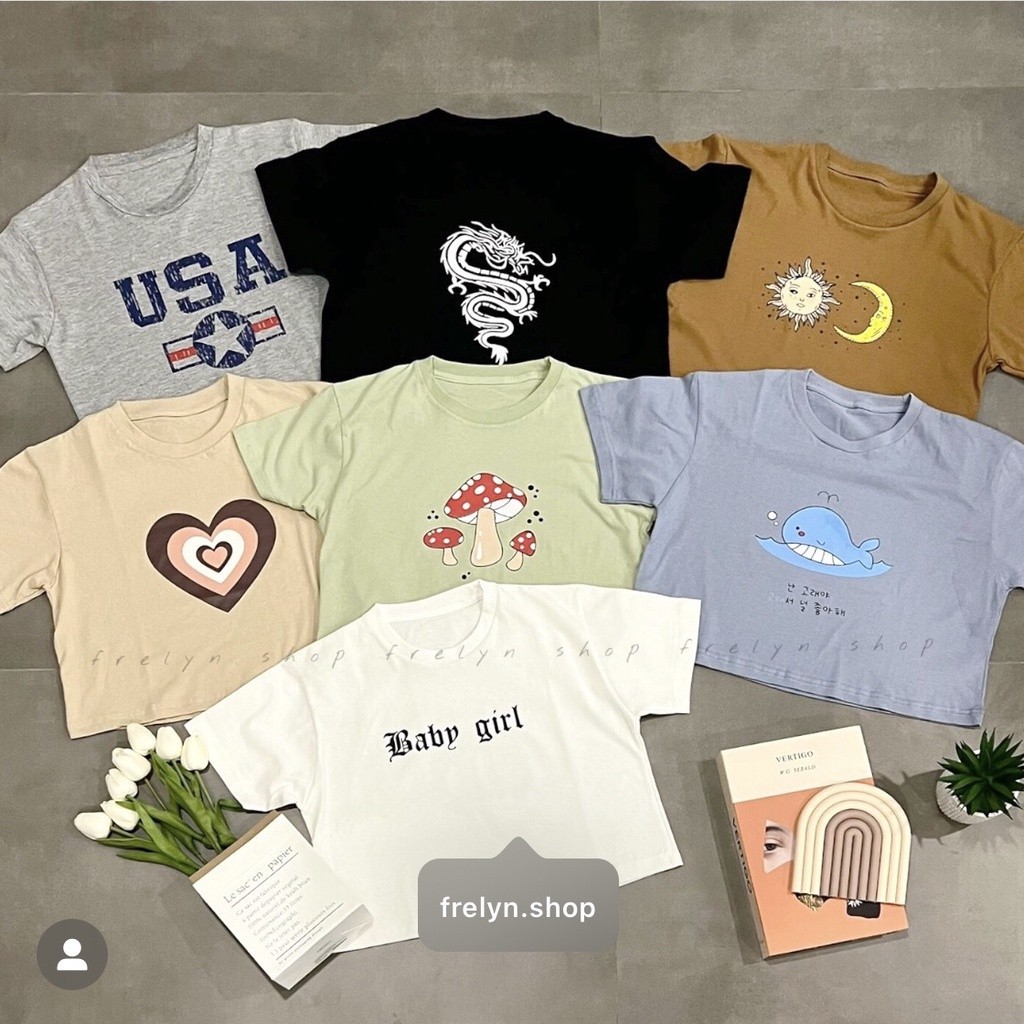 FRELYN SHOP - CROP TOP MOTIF | BAJU KAOS TUMBLR CROP TEE TSHIRT KAOS KOREA FASHION WANITA SAGE BEIGE