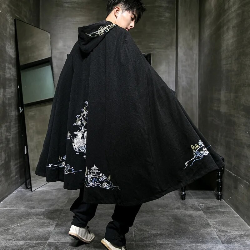 Baju Jaket Cina Mantel Cosplay Kostum Hitam Bertudung HanFu Pakaian Pria Klasik Kuno Jubah Kimono Ka