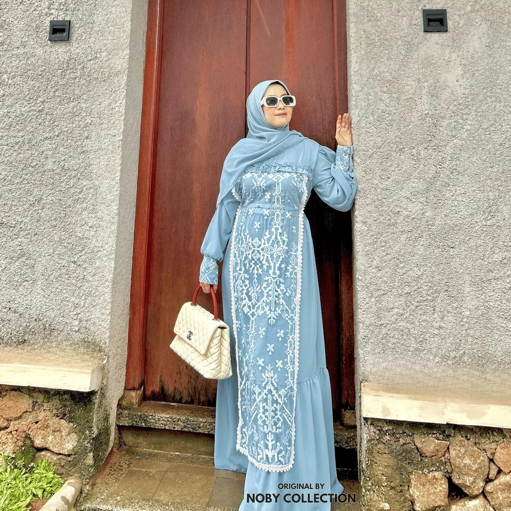WO90 Gamis Syarifah Dewasa Set Hijab Ceruty x Brukat Sapto-Busana Muslim Wanita Lebaran 2024