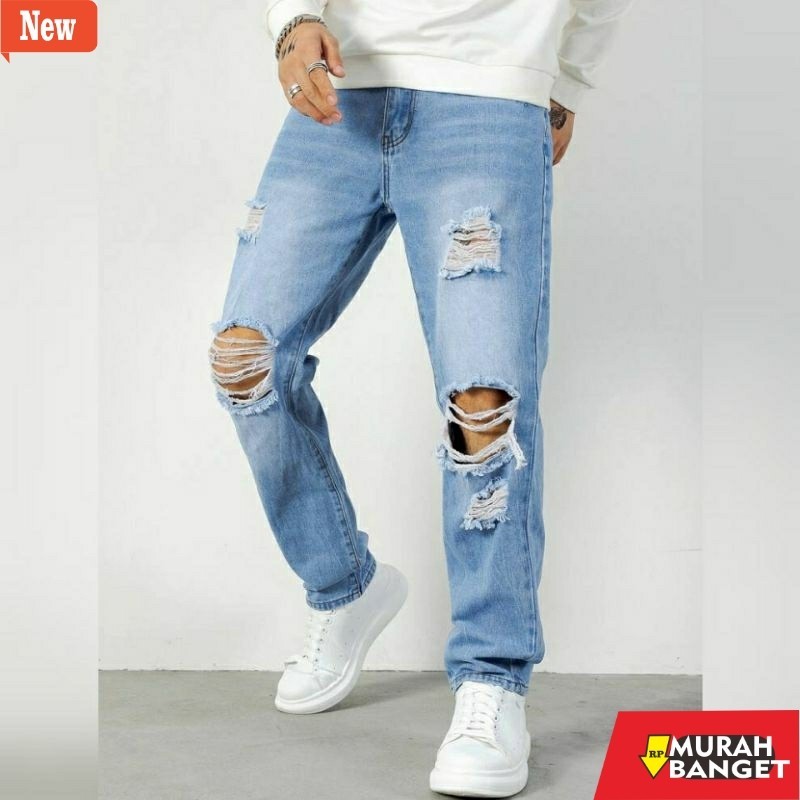 Celana denim pria- CELANA SOBEK PRIA RIPPED JEANS STANDAR REGULER BASIC 28-38