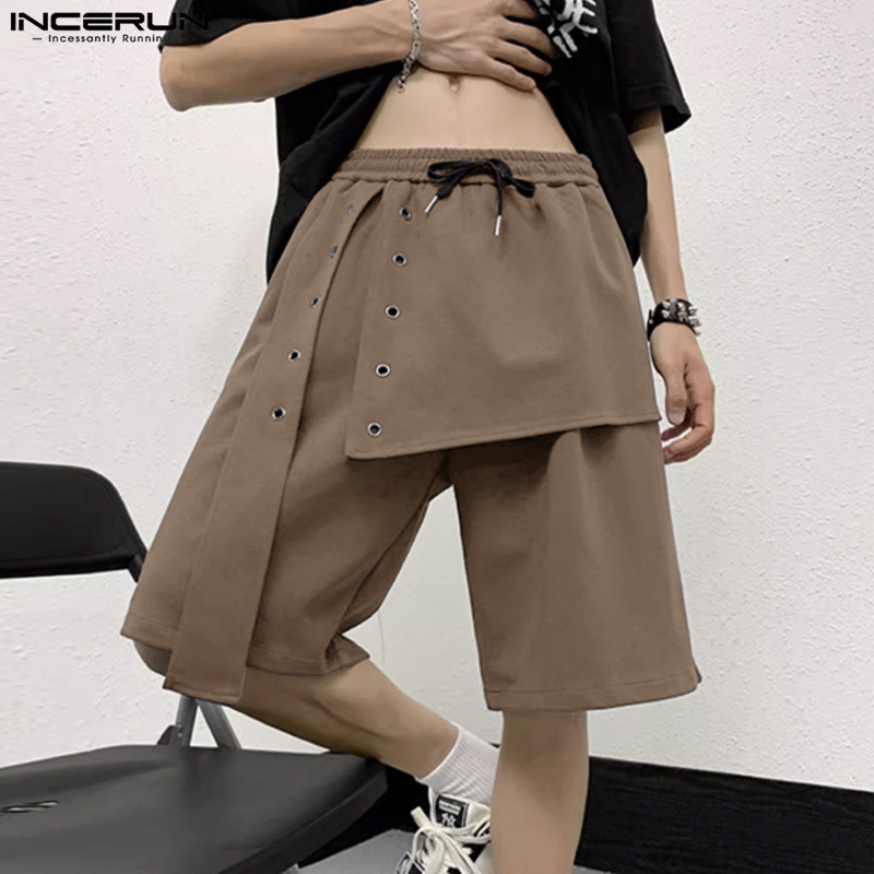 INCERUN Men Irregular Shorts Solid Drawstring Loose Pockets Casual Men Bottoms Streetwear 2024 Fashi