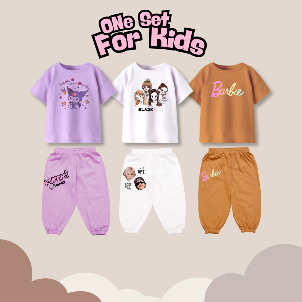 Setelan anak perempuan motif kuromi blackpink dan barbie| one set piyama anak-anak| kaos joger anak