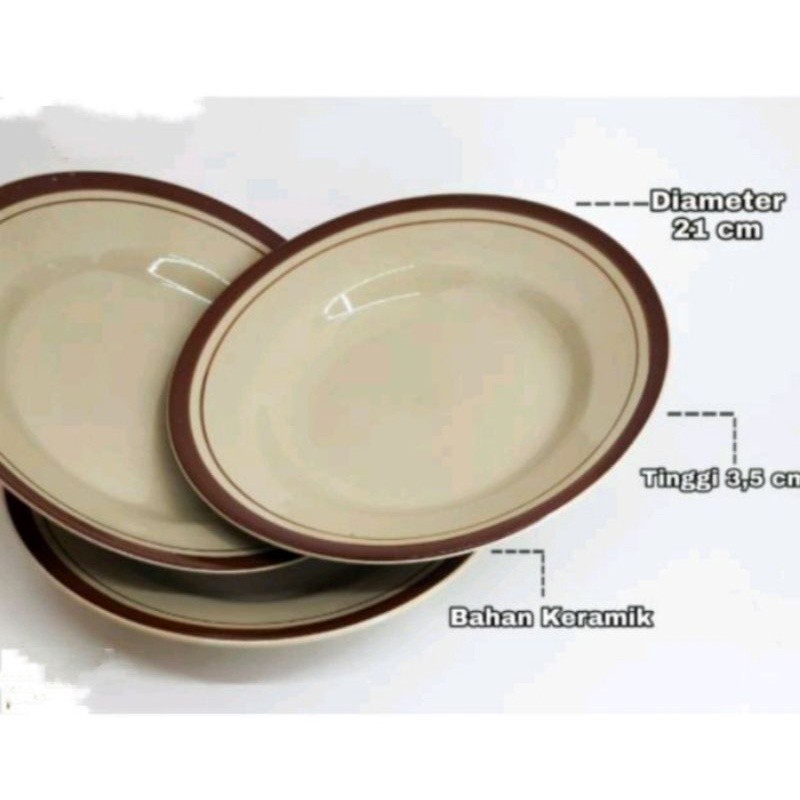 Piring 8 Makan Keramik List Coklat Lusinan