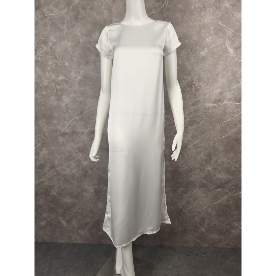 [DR154] - Dress Panjang LECA Lengan Pendek Satin Putih Belah Samping