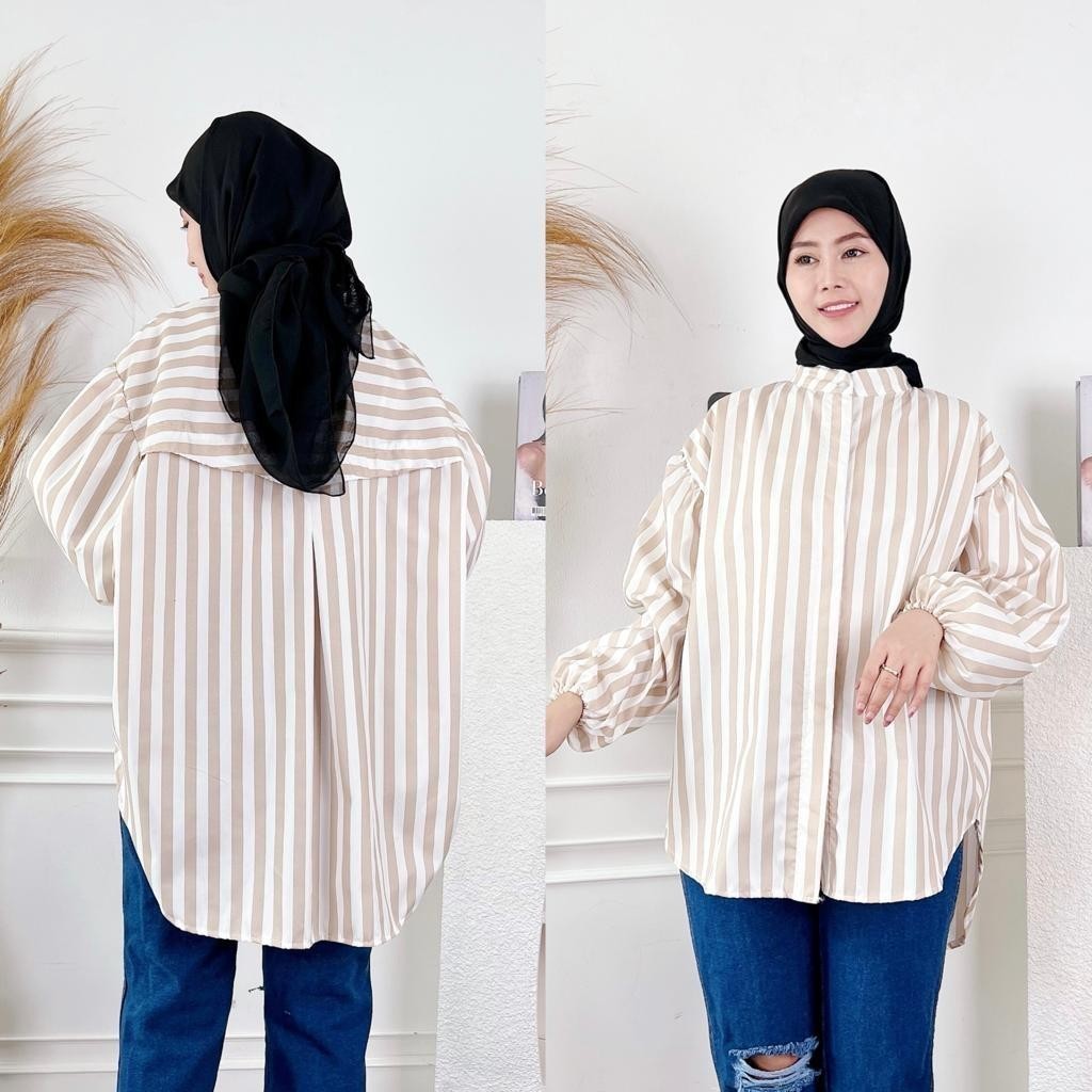 W & K - ZEC PAKAIAN WANITA LIZA / Kemeja Alenza / Kemeja Salur Oversize / Kasual Hem Lengan Panjang 