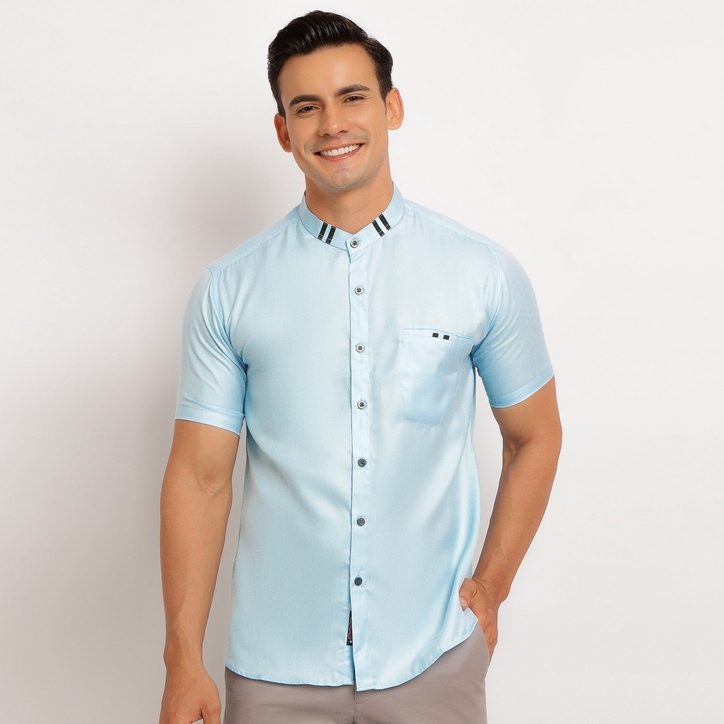 Baju Muslim Pria Kemeja Koko Kerah Shanghai Lengan Pendek Warna Biru Langit BK204040