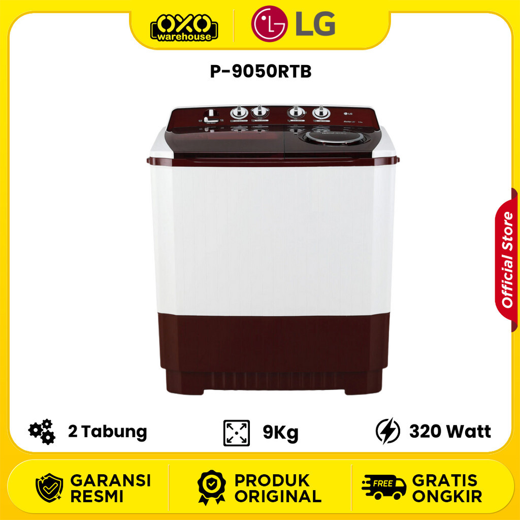 LG Mesin Cuci 9 kg, 2 Tabung P9050RTB Low Watt Garansi Resmi