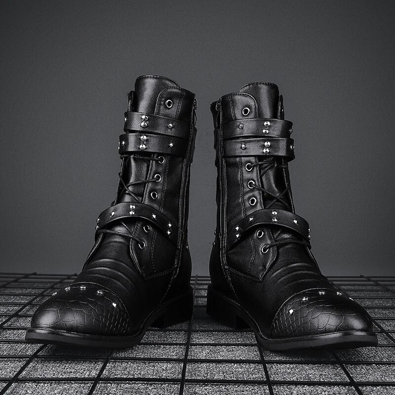 Sepatu bot tinggi kulit untuk pria, sepatu bot tinggi bahan kulit nyaman, sepatu musim dingin cocok 