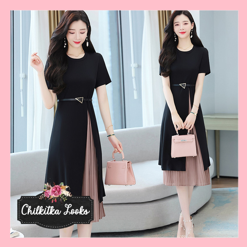 CHILKITKA LOOKS FASHION Rok Panjang Di Atas Lutut Pelangsing Perancis Baru 2023/Gaun Sambungan Sifon
