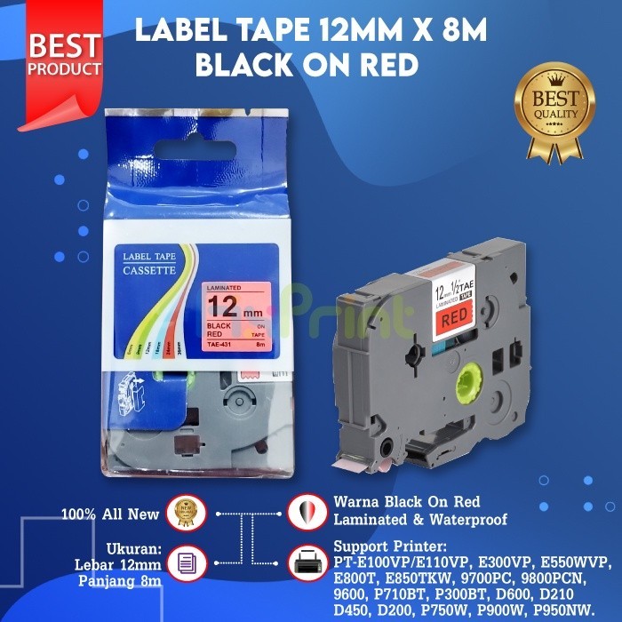 

Label Tape Laminated TZE-431 12mm X 8m Black On Red