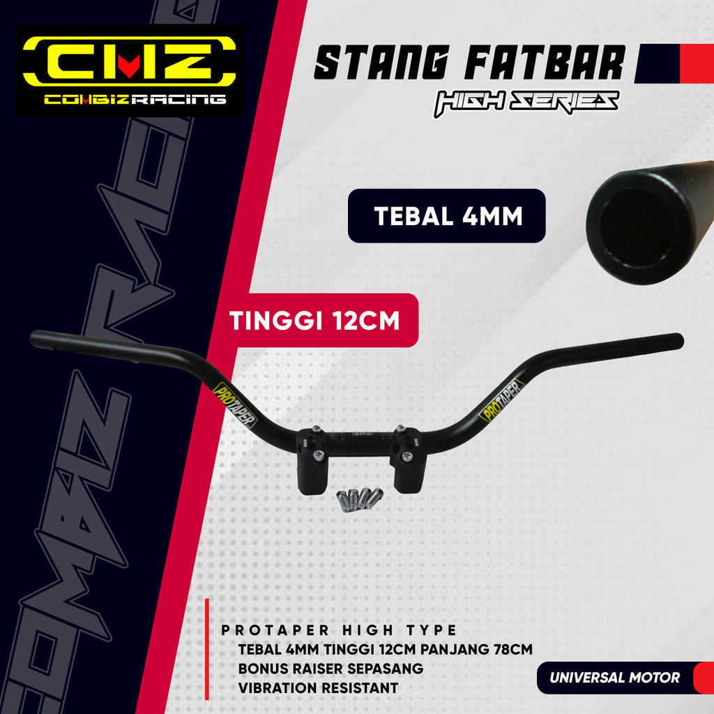 [CMZ Racing] Stang HIGH Protaper Fatbar Hitam Tebal 4MM Tinggi 12CM Stir Universal Motor